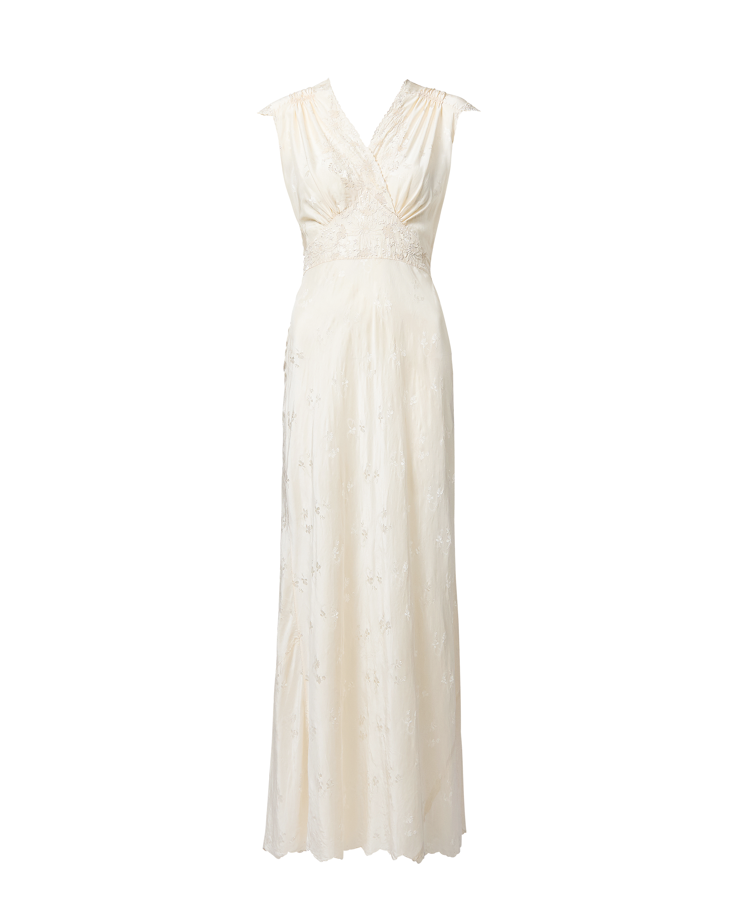 1930's Ivory Jacquard Floral Pattern Cap Sleeve Gown