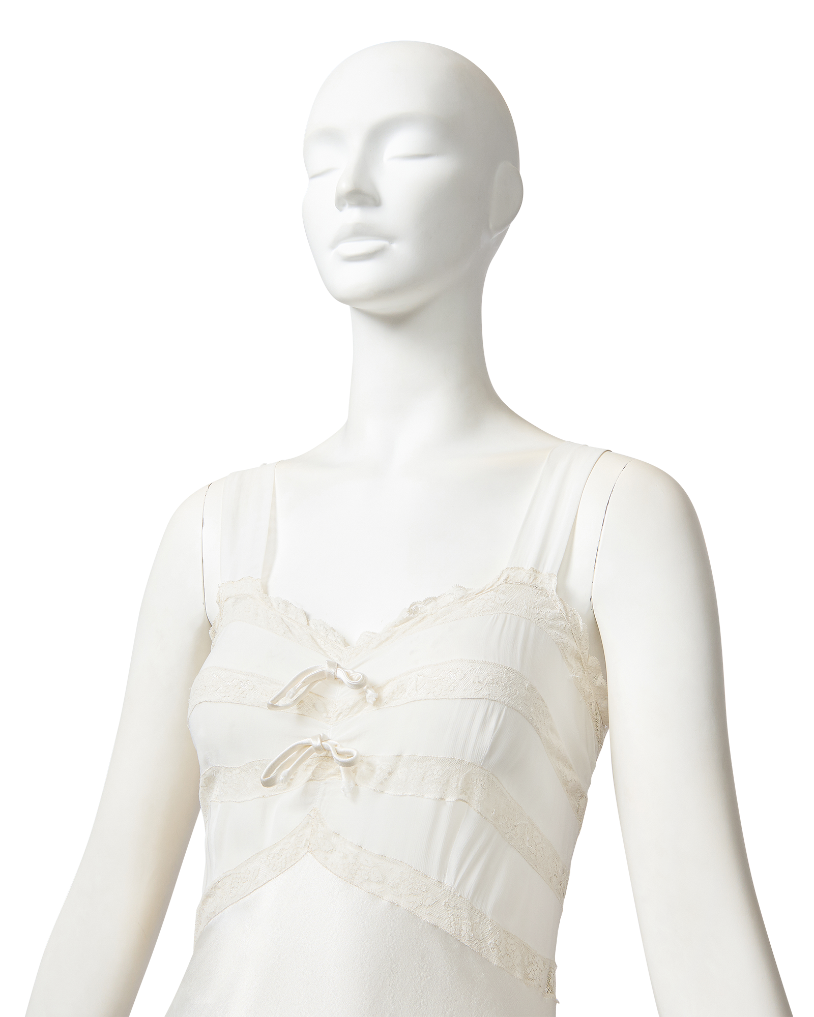 1970's White Semi-Sheer Lace Gown with Bow Front Details