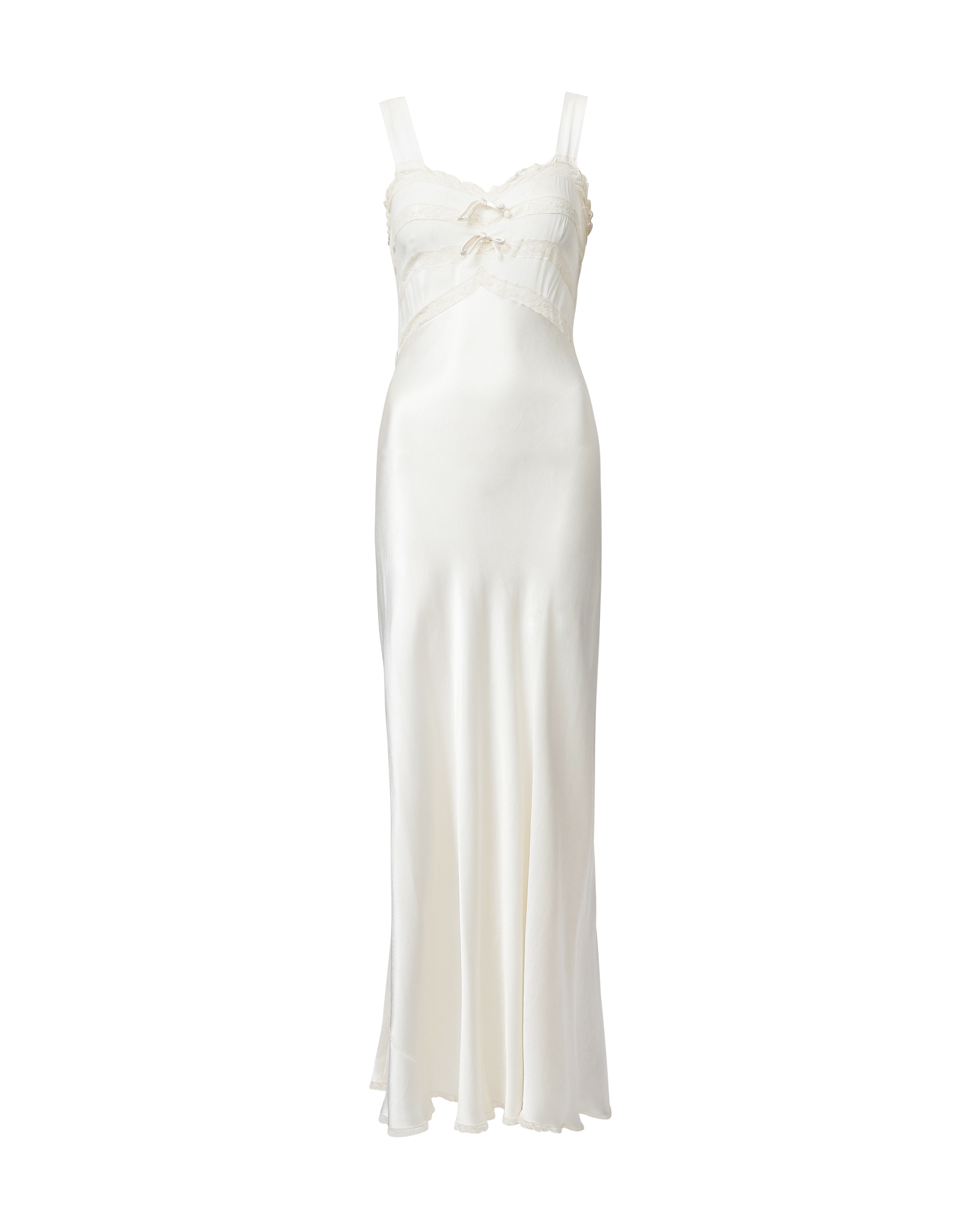 1970's White Semi-Sheer Lace Gown with Bow Front Details