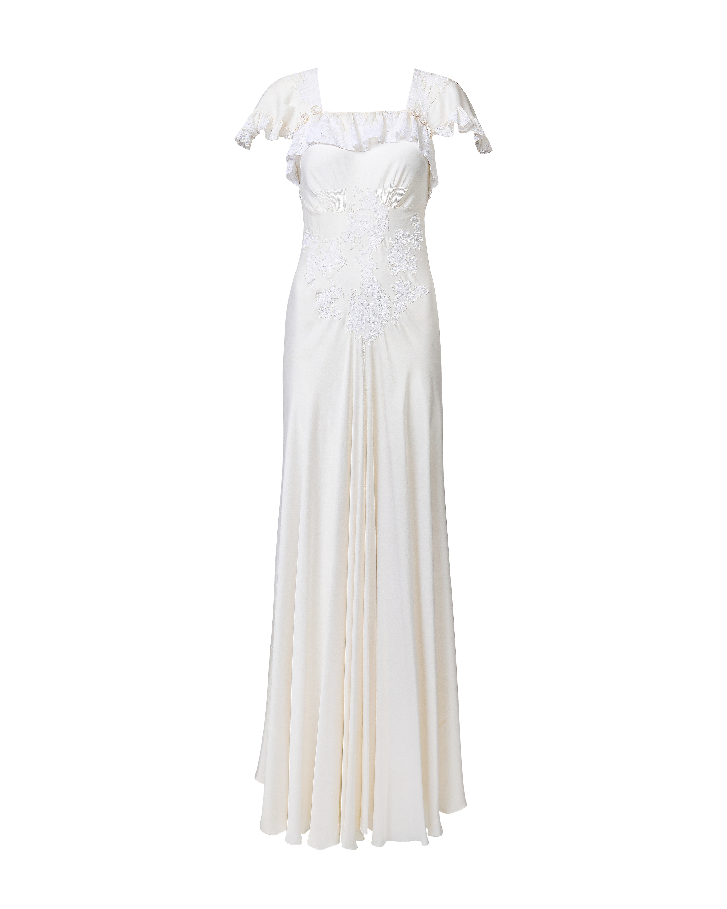 1930's White Handmade Lace and Silk Gown with Small Rosette Details