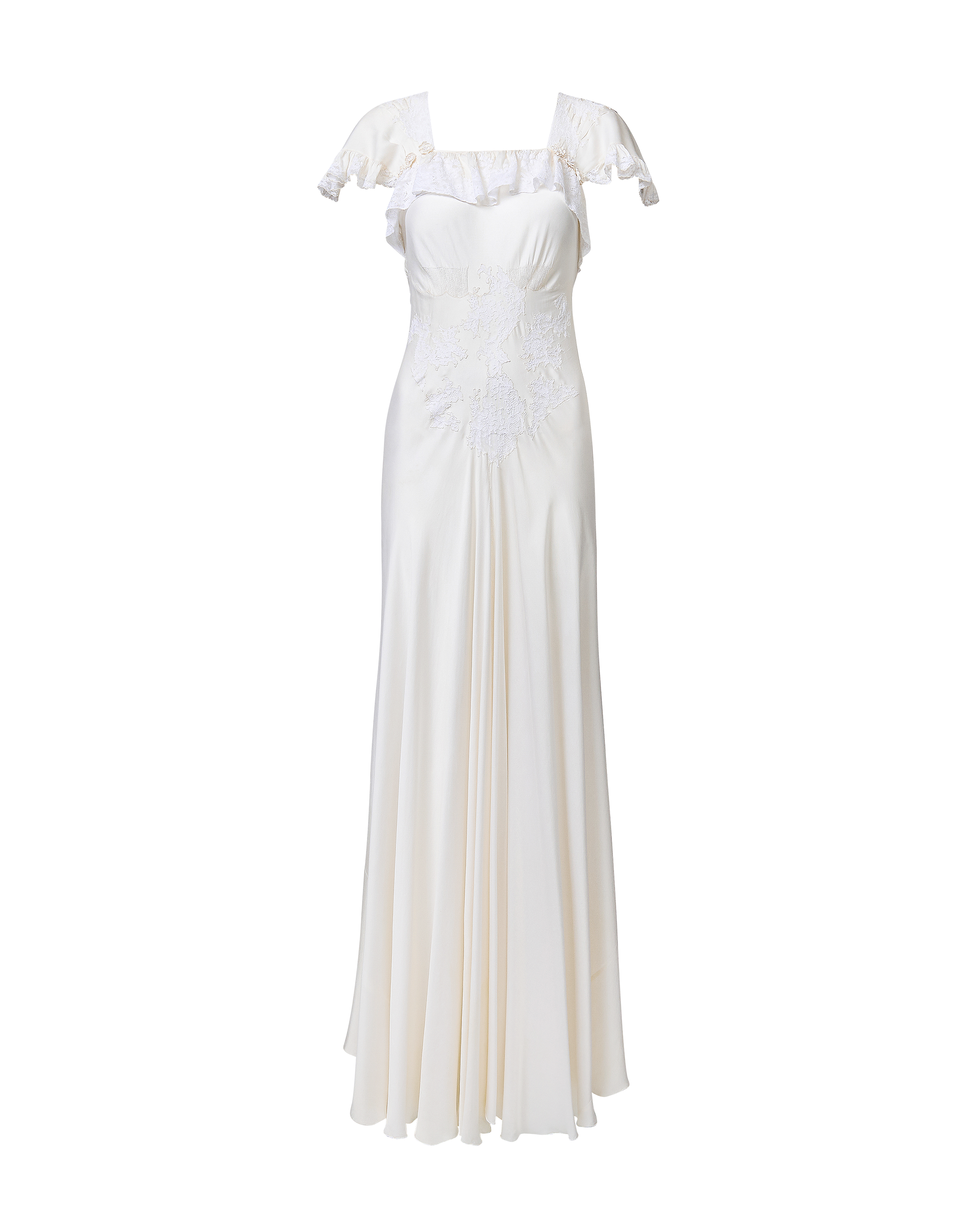 1930's White Handmade Lace and Silk Gown with Small Rosette Details