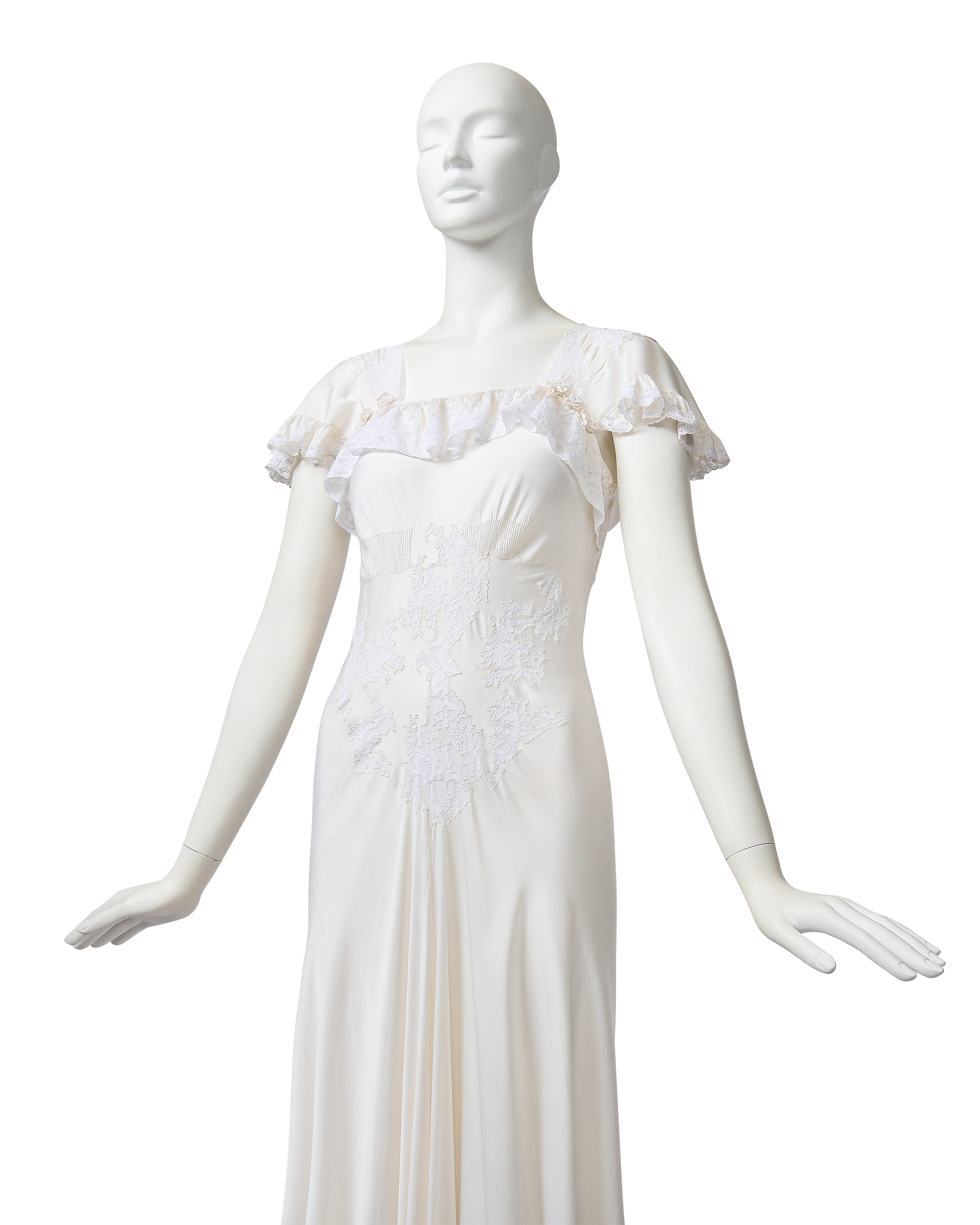 1930's White Handmade Lace and Silk Gown with Small Rosette Details
