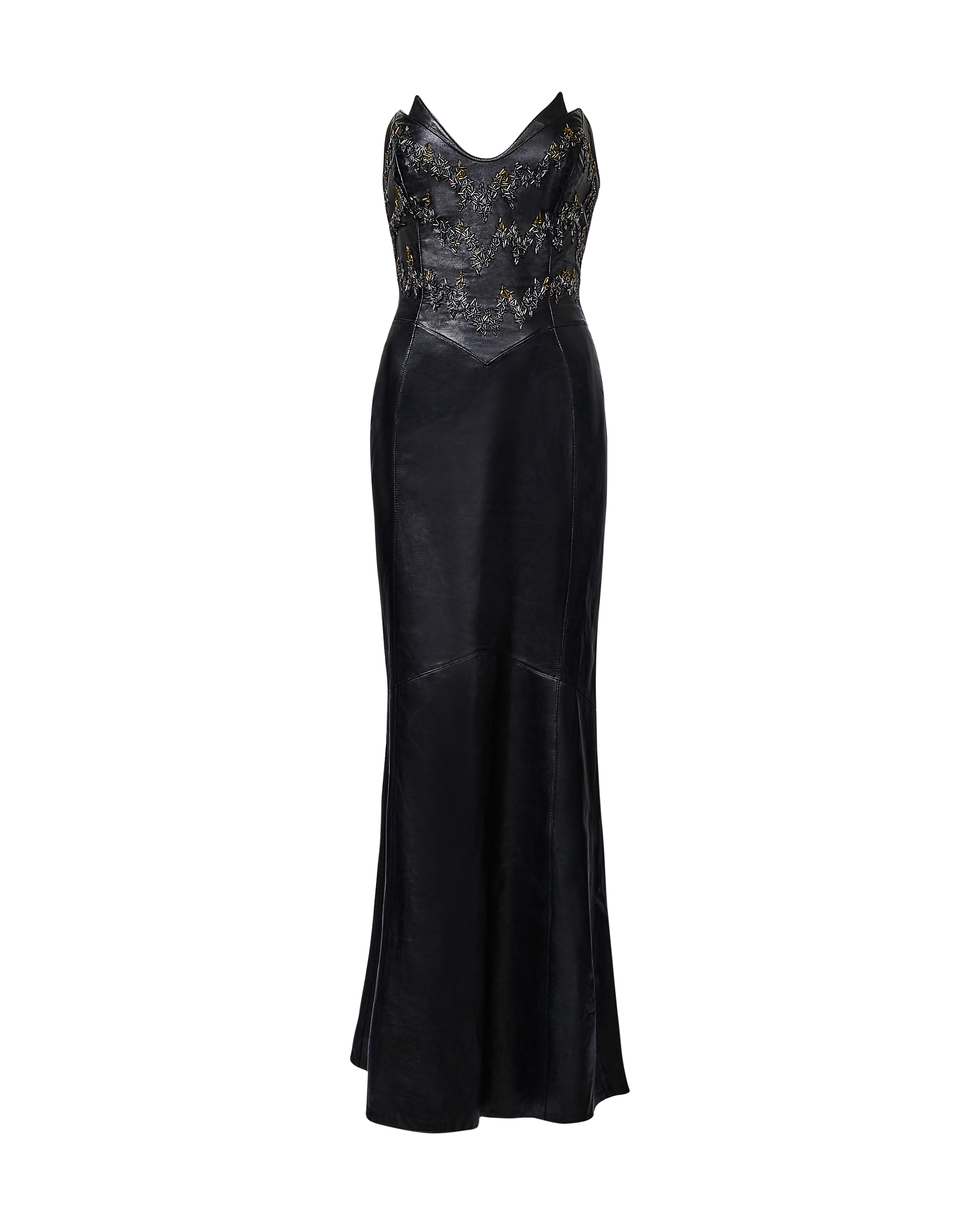 2000 Black Leather Embellished Strapless Gown