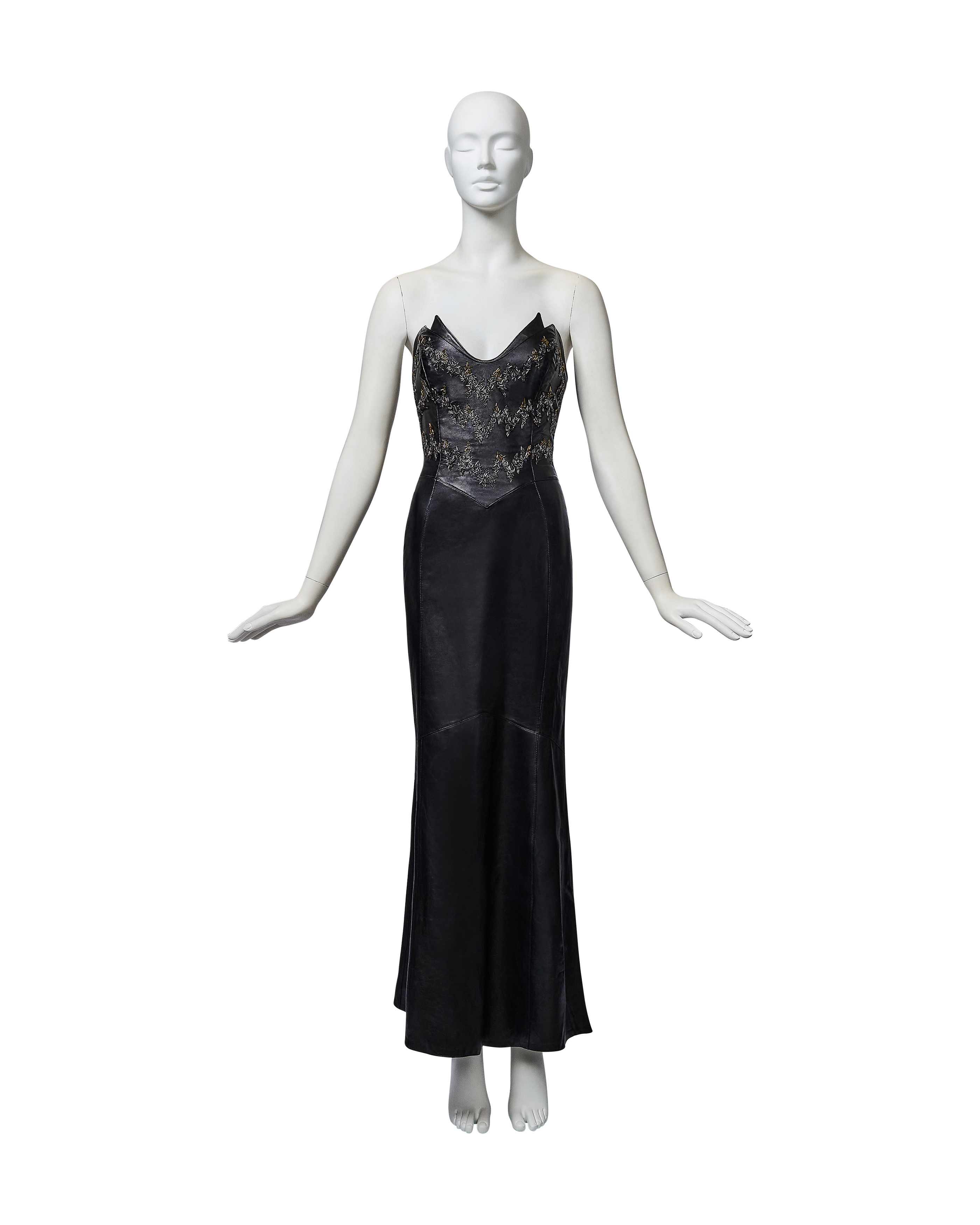 2000 Black Leather Embellished Strapless Gown
