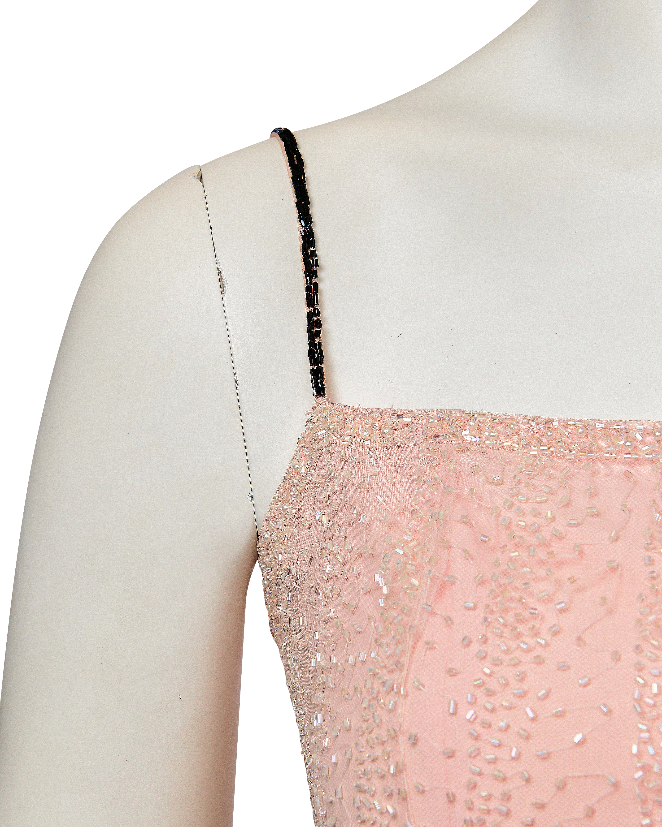 1990's Pink and Black Embellished Hand-Beaded Asymmetrical Dress