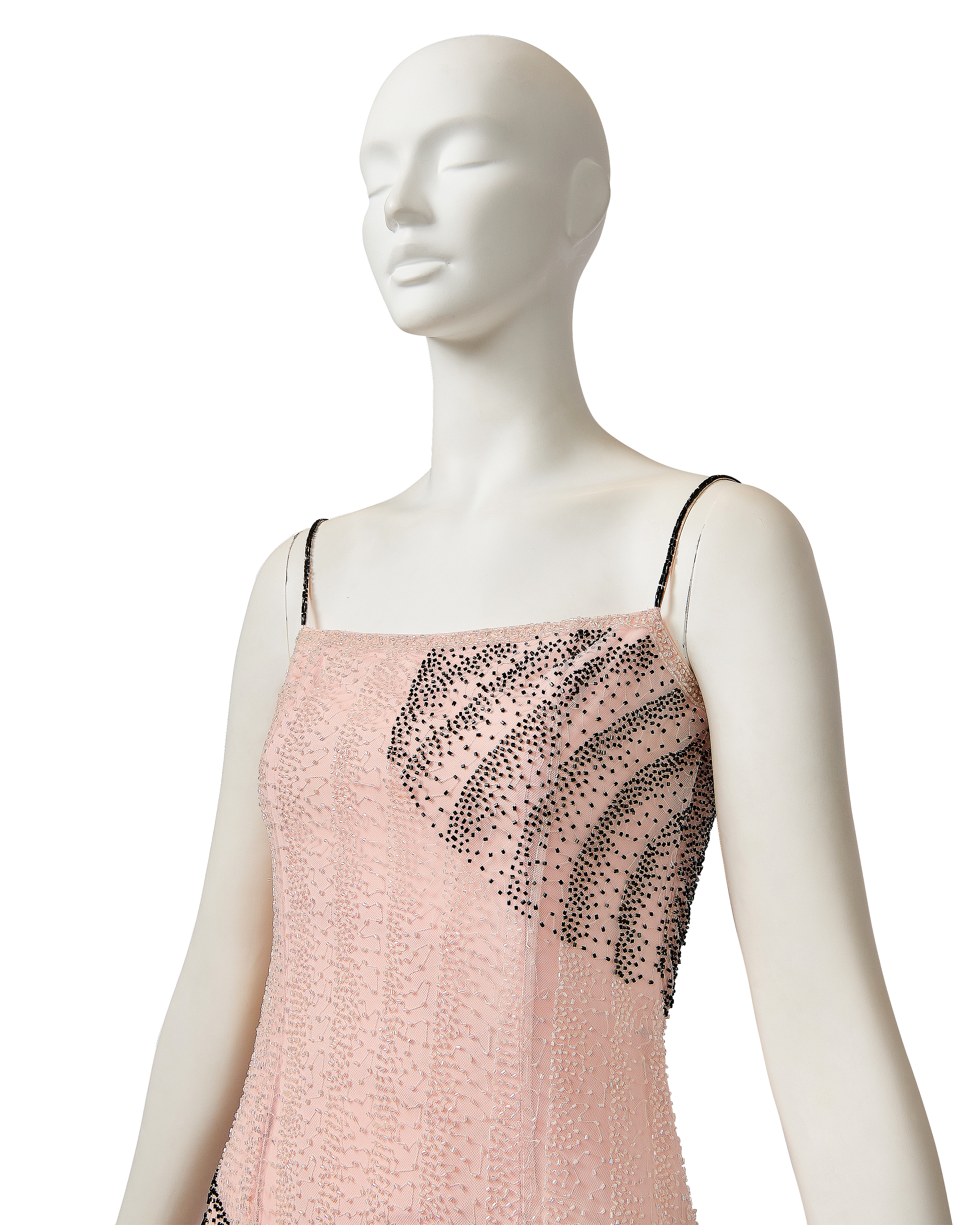 1990's Pink and Black Embellished Hand-Beaded Asymmetrical Dress