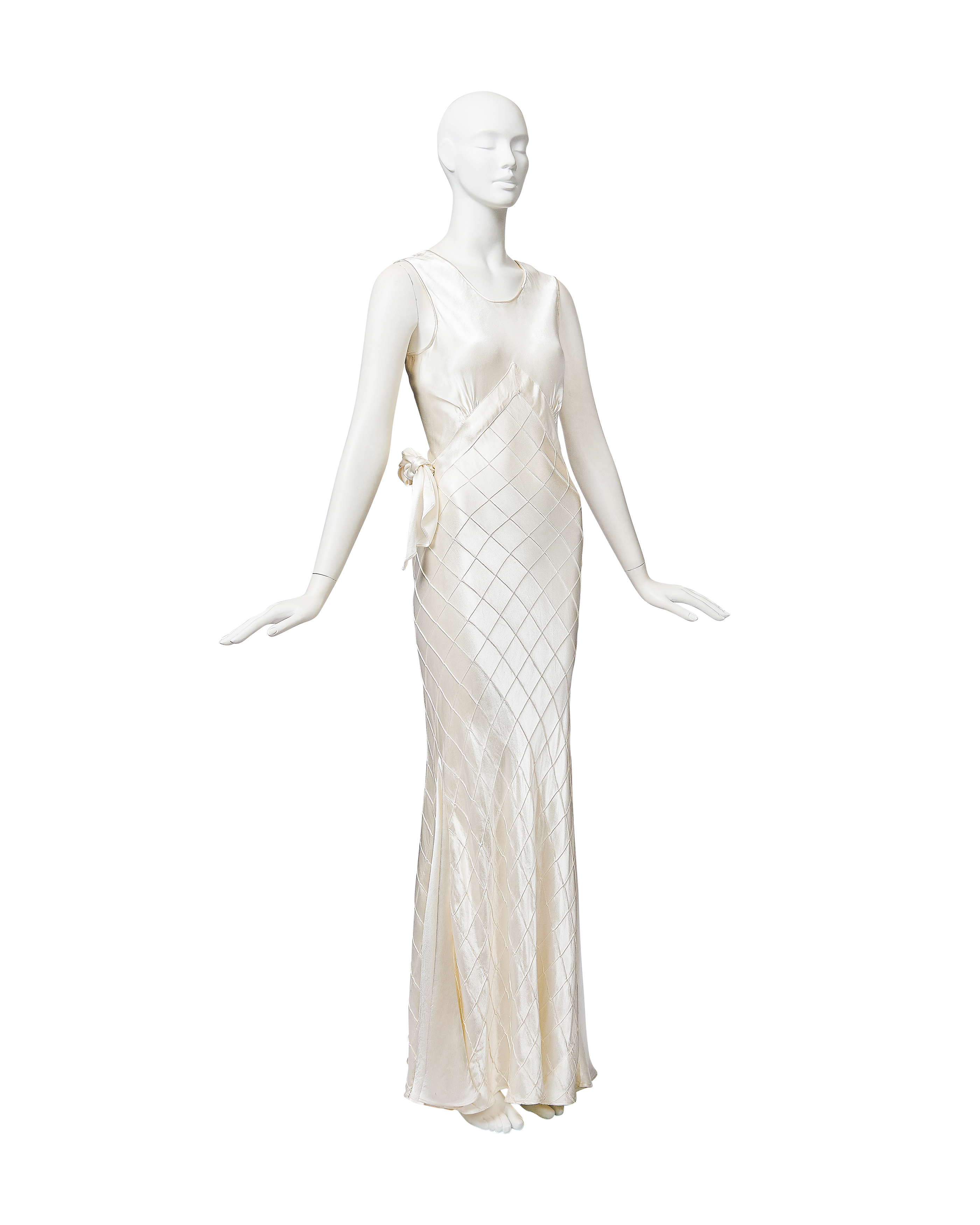 1930's Ivory Sleeveless Bias Cut Slip Gown with Waffle Skirt Details