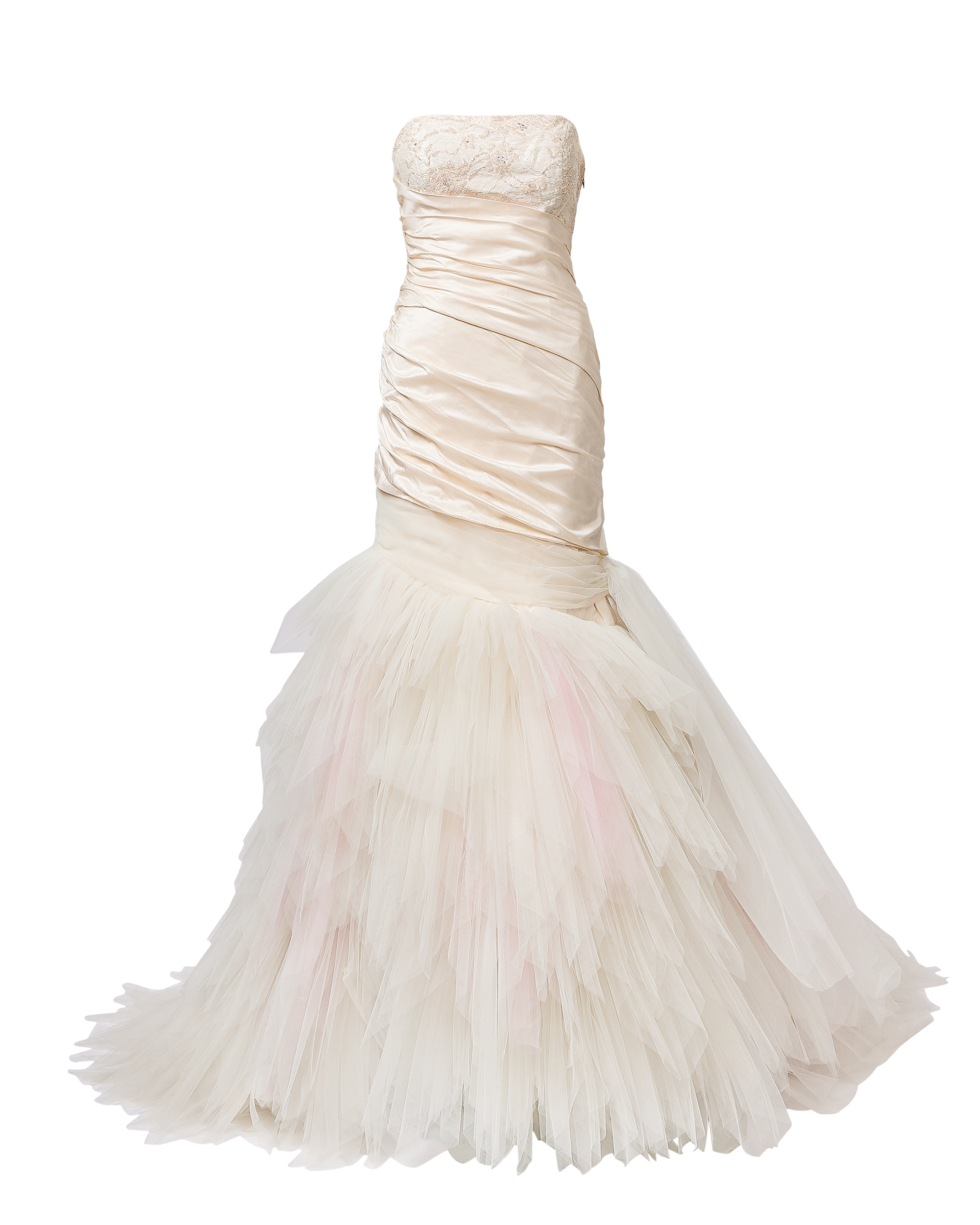 2000's Strapless Ivory Ruched Gown with Full Tulle Trained Skirt