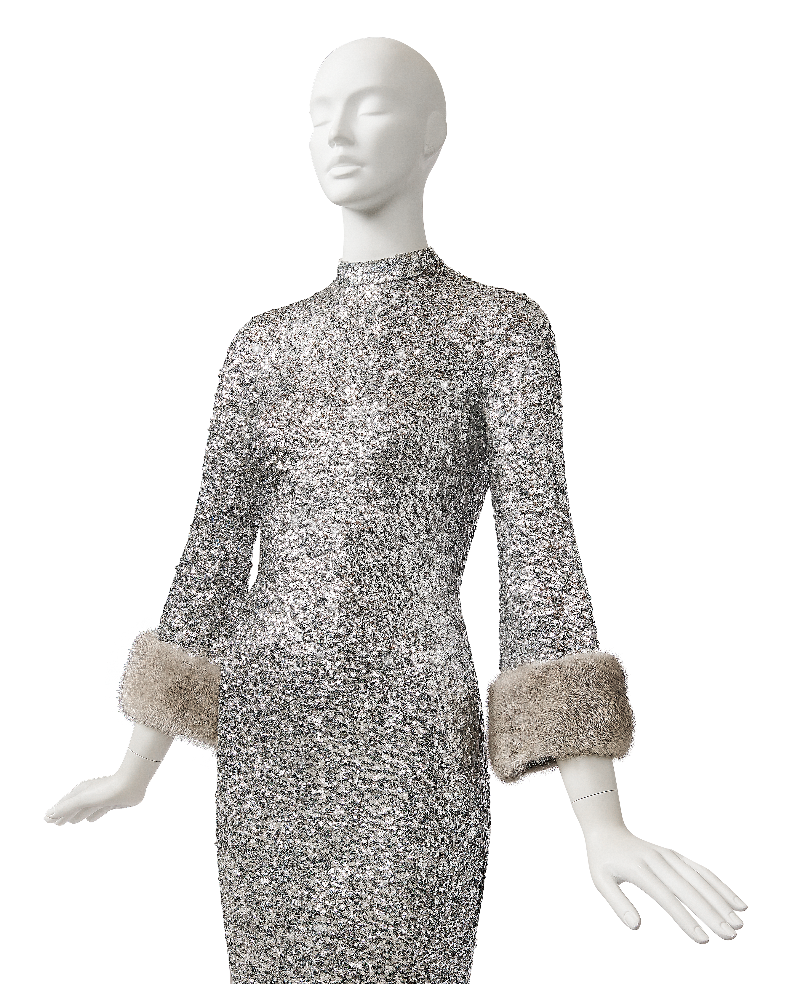 1960's Silver Sequin Knit Gown with Mink Cuffs