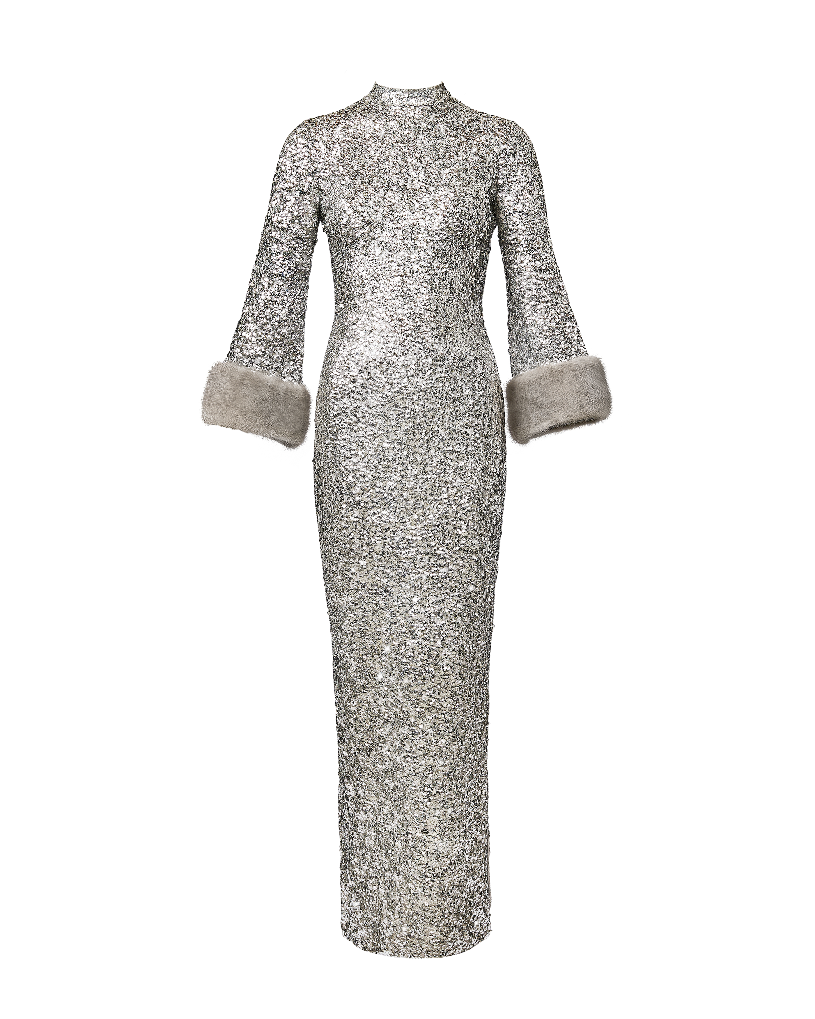 1960's Silver Sequin Knit Gown with Mink Cuffs