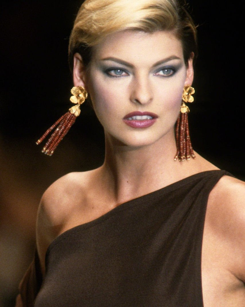 A/W 1992 Purple Ribbon and Red Beaded Flower Earrings