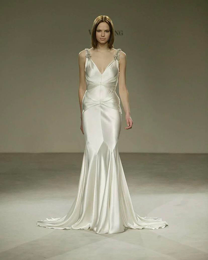 c. 2007 Olive Green Silk Gown with Periwinkle Accents