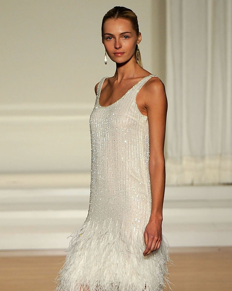 S/S 2012 Ivory Scoop Neck Bead Embellished and Feather Trim Dress