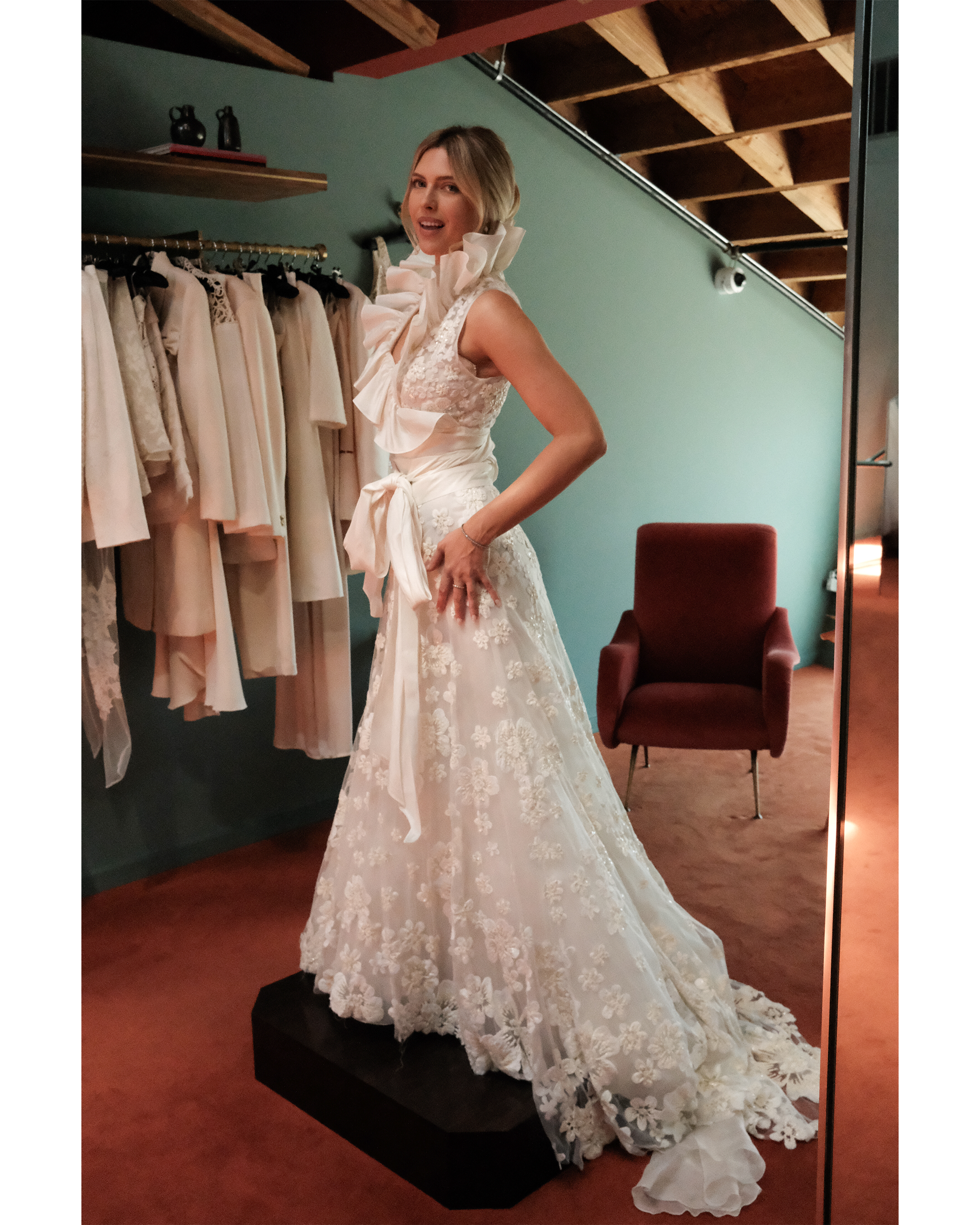 2007 'Kira' Ruffle Halter Floral Appliqué Trained Bridal Gown