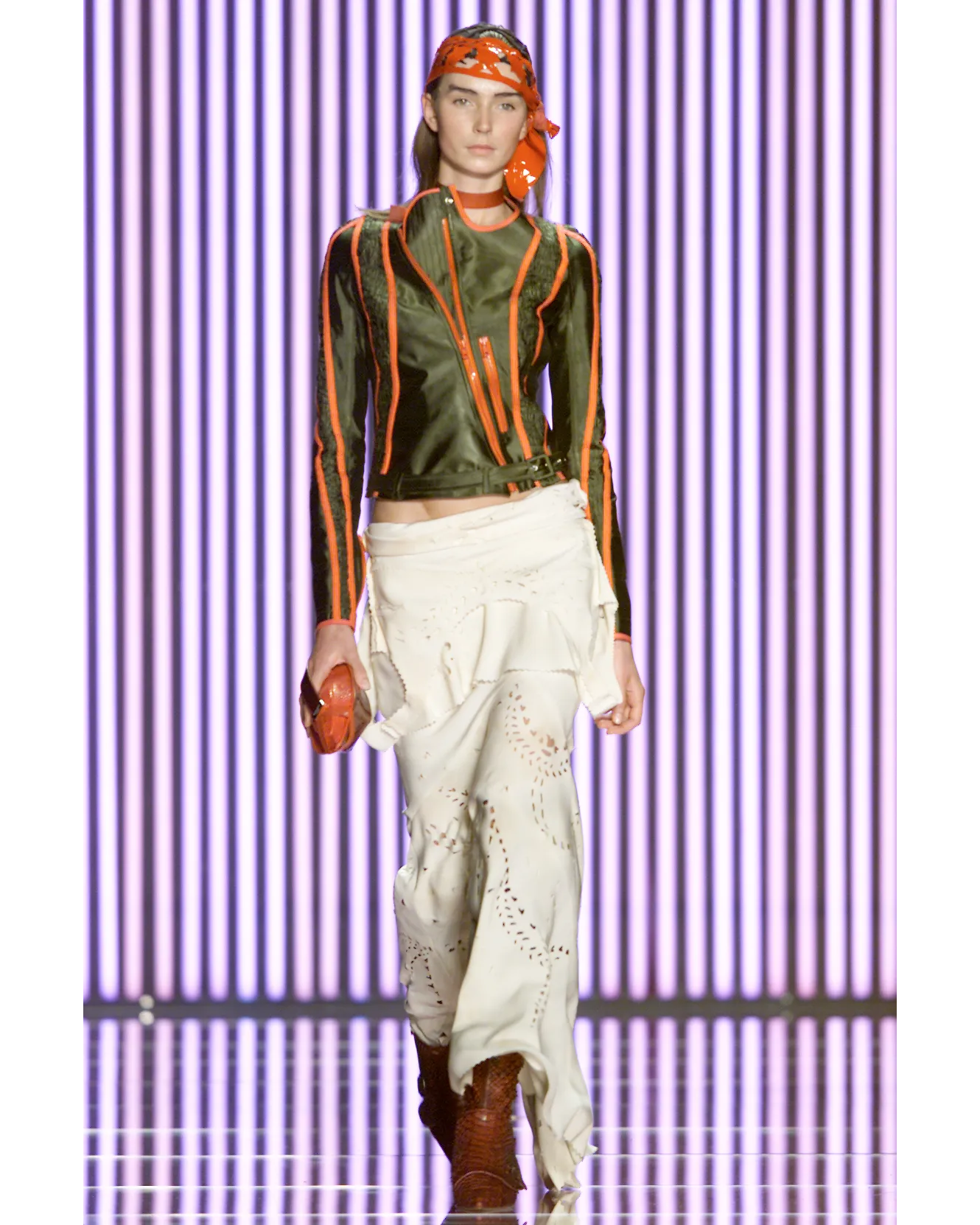 S/S 2006 Ivory Leather Laser Cut Floral Pattern Mini Skirt