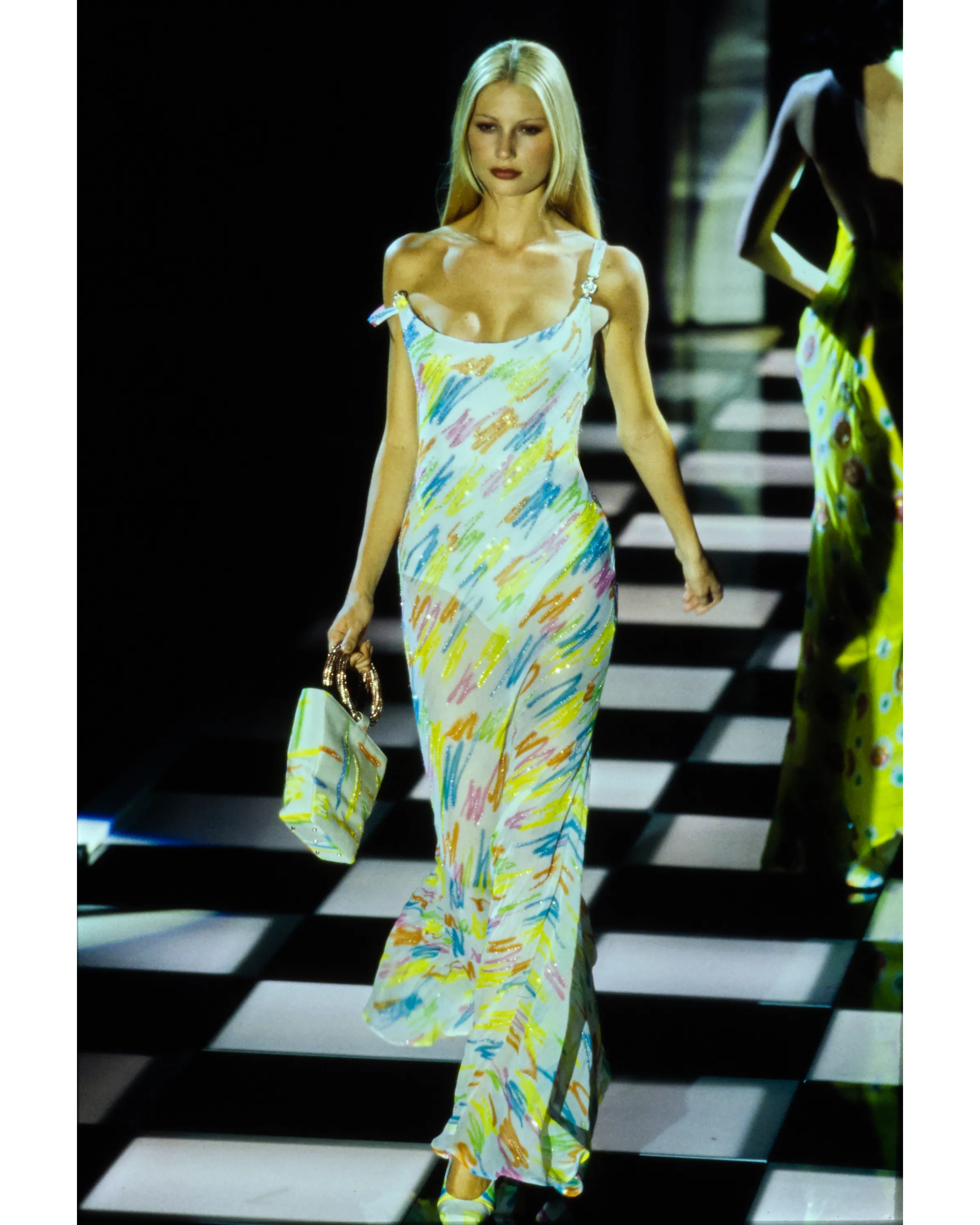 S/S 1996 White Embellished Neon 'Drawing' Pattern Gown with Hand-Beaded Rhinestone Embellishments