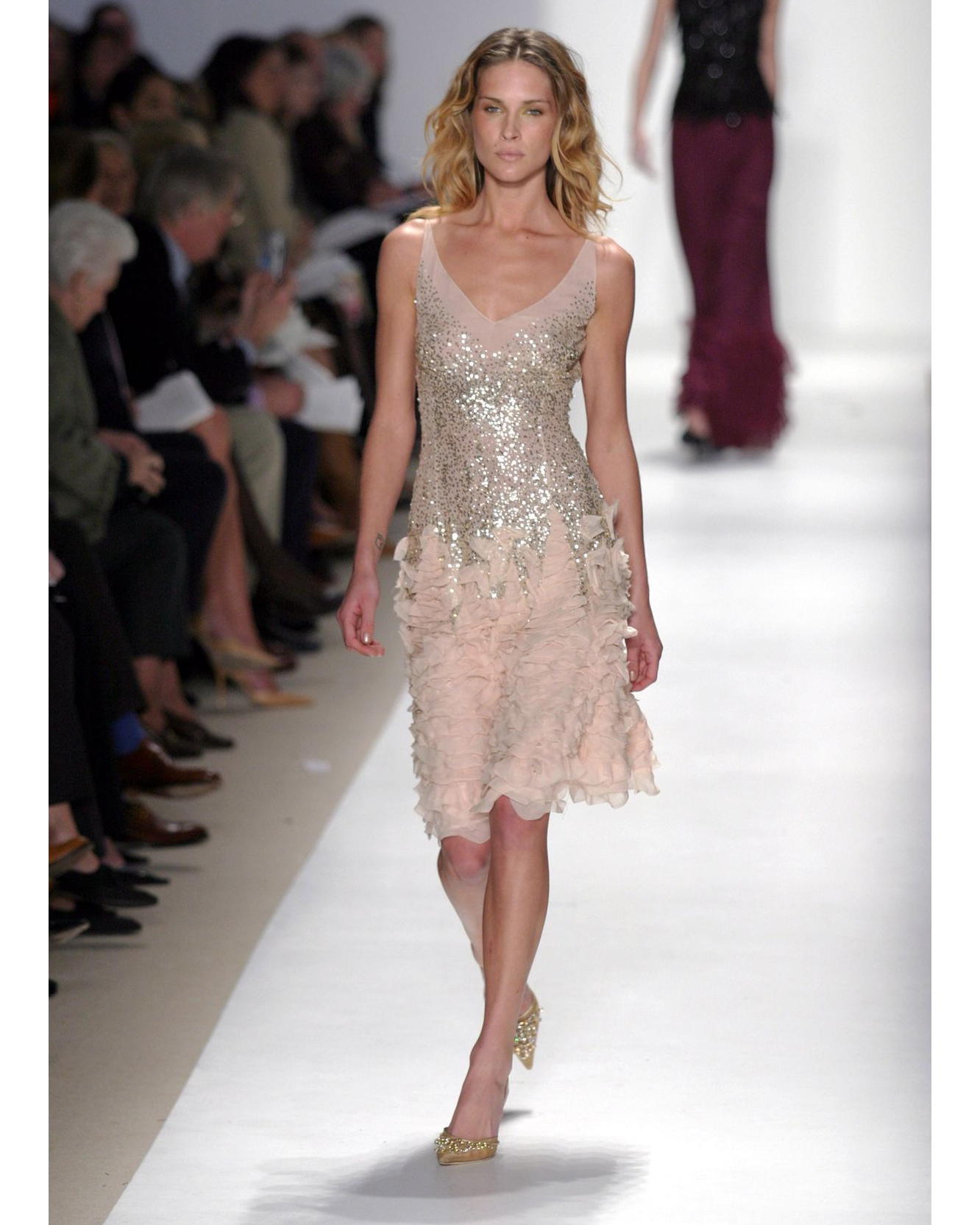 A/W 2004 Embellished Cream Knee Ruffle Dress