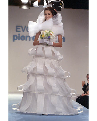 S/S 2000 Light Gray Sculptural Organza Tiered Off-Shoulder Hoop Gown