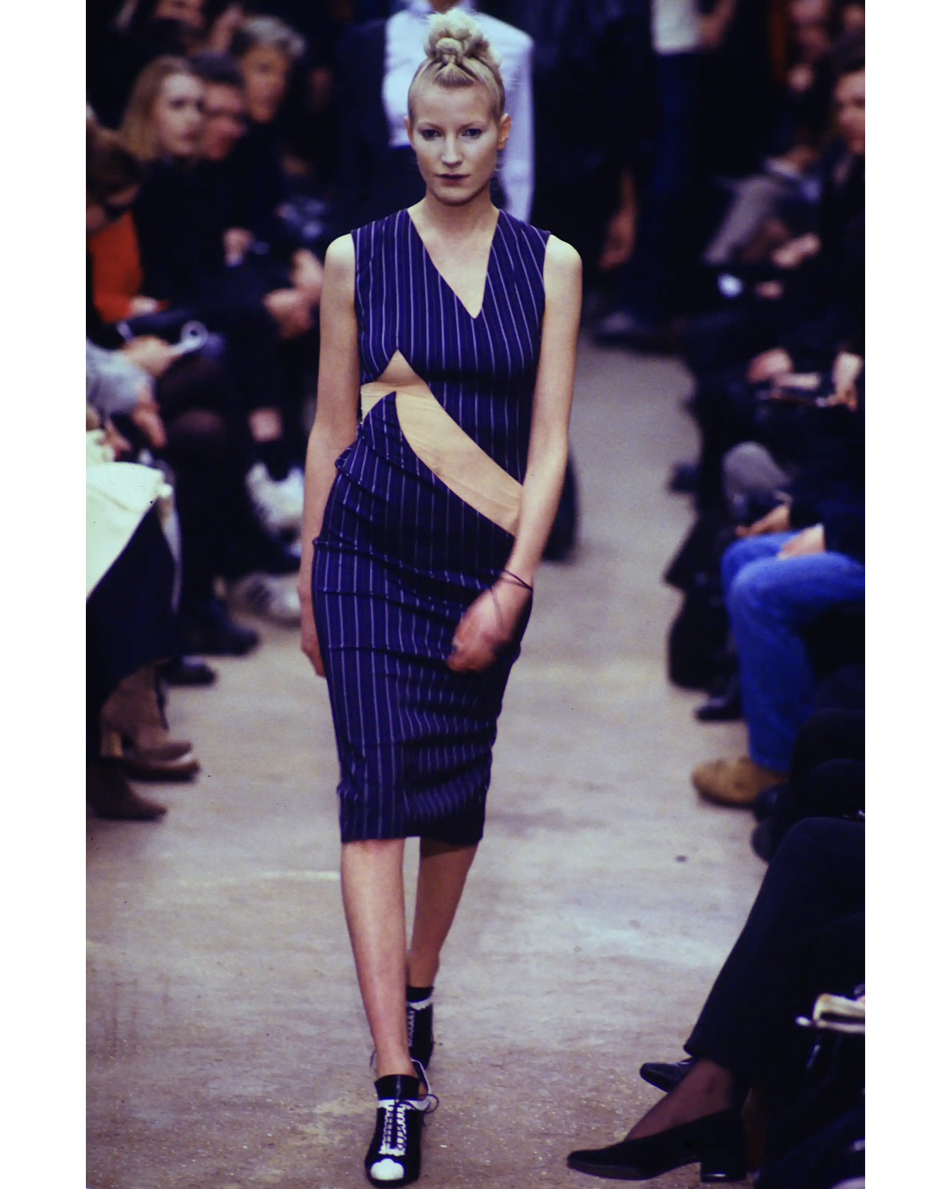 A/W 1996 Striped Dress with Asymmetrical Semi-Sheer Mesh Paneling