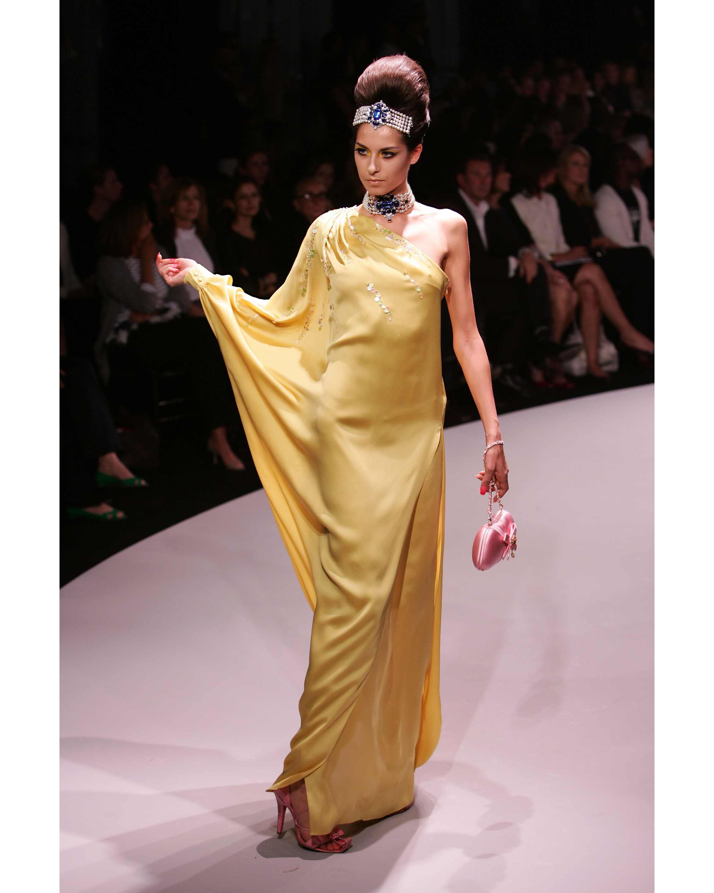 Resort 2008 Silk One-Shoulder Yellow Drape Gown