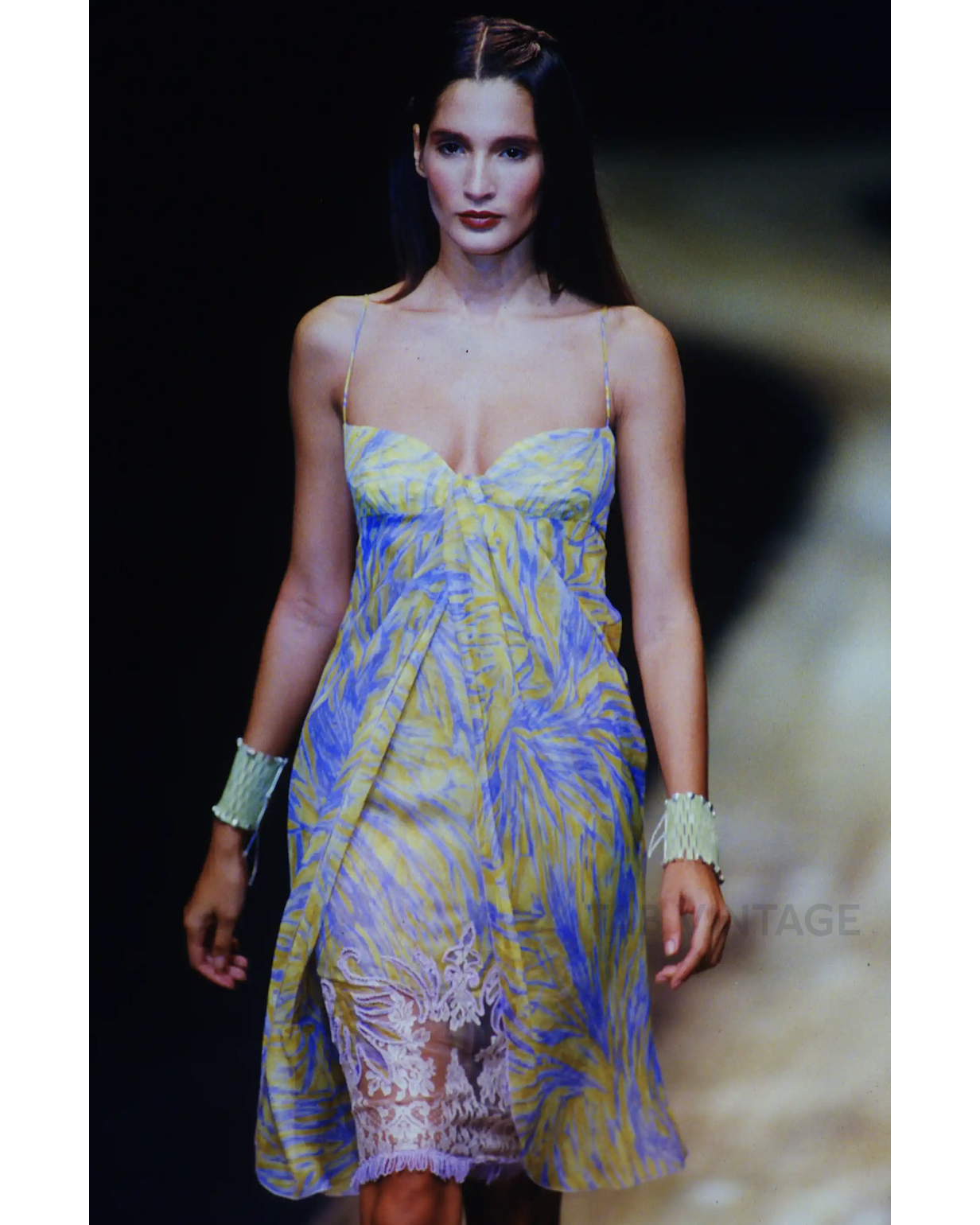 S/S 1998 Sleeveless Patterned Dress with Purple Beaded Fringe and Lace Details