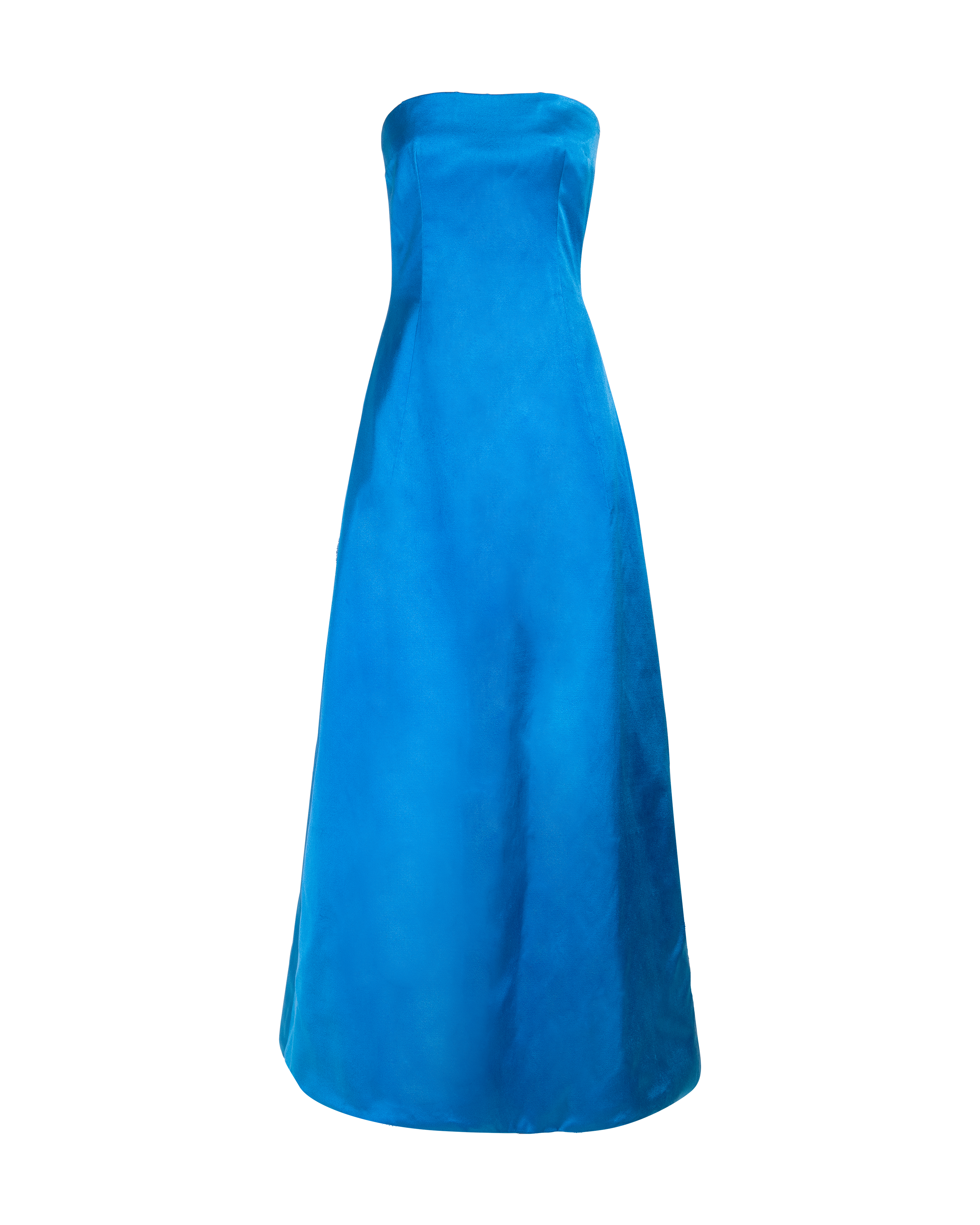 c. 1959 Couture Strapless Blue Satin Evening Gown