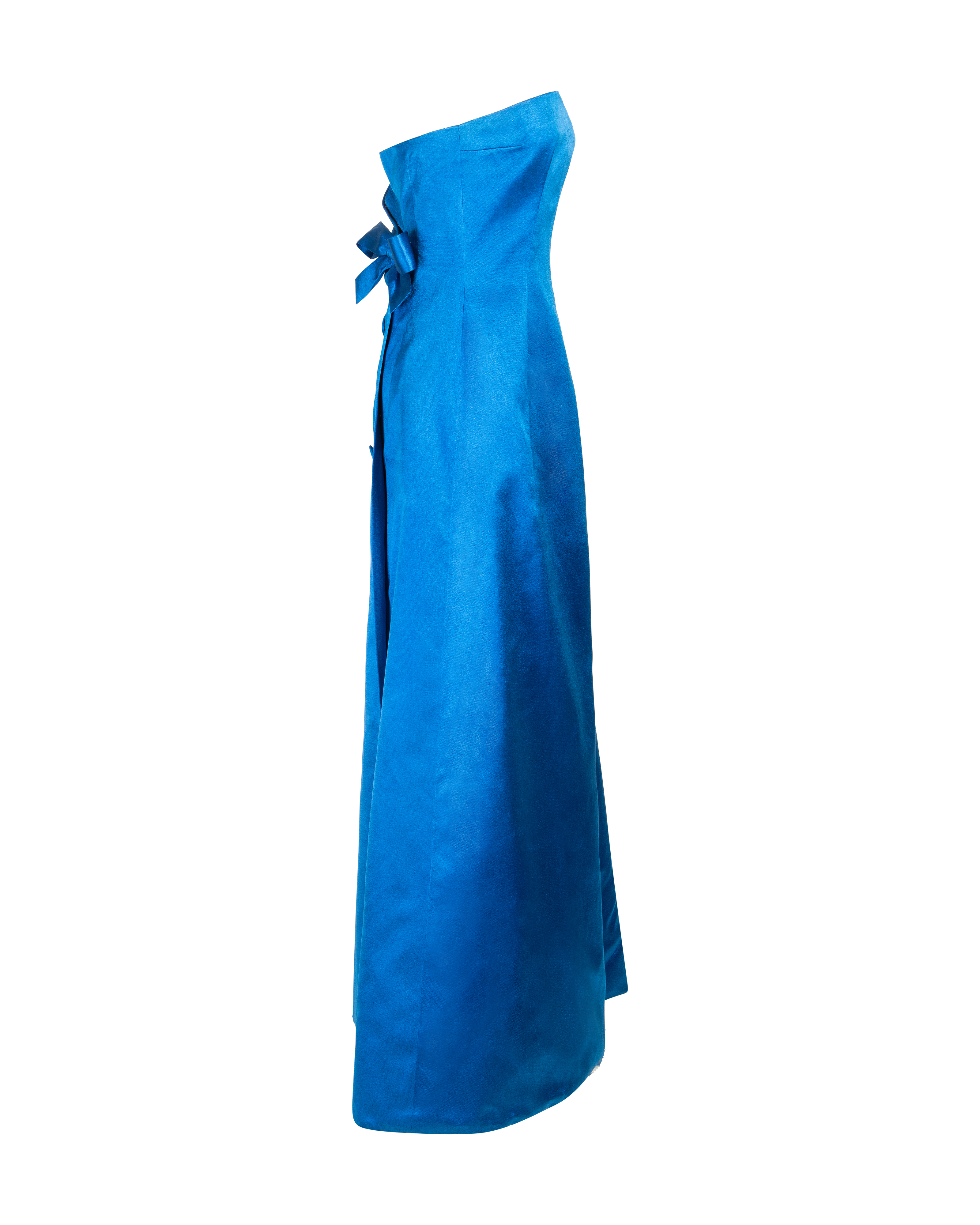 c. 1959 Couture Strapless Blue Satin Evening Gown