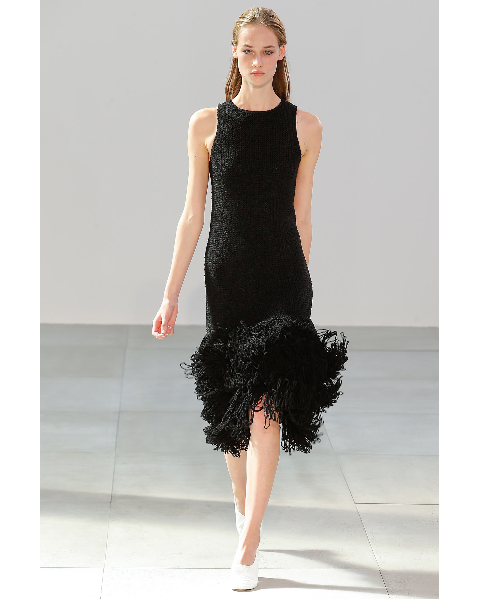 S/S 2015 Black Textured Silk Midi Dress with Fringe