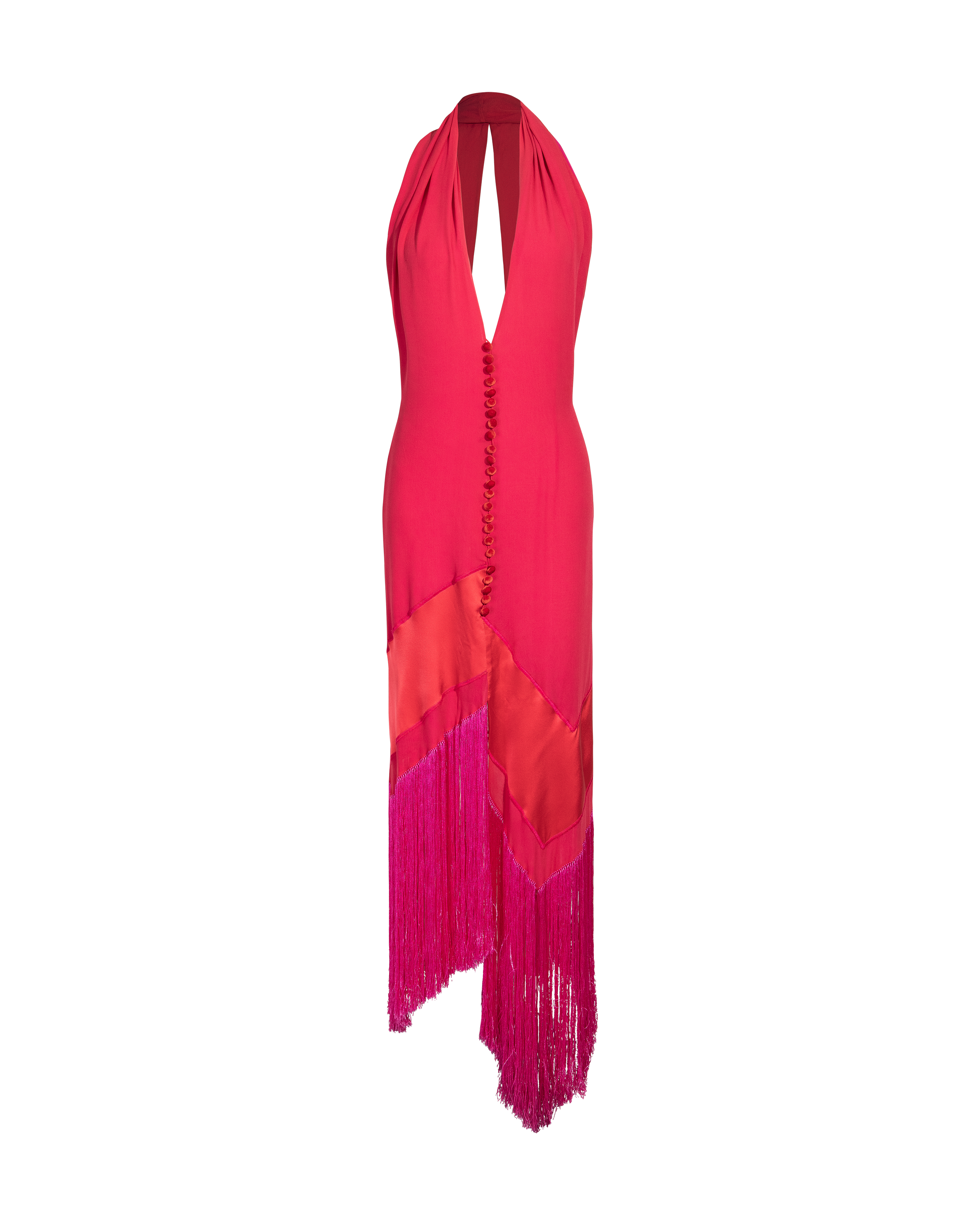 1980's Red Silk Midi Dress with Hot Pink Fringe
