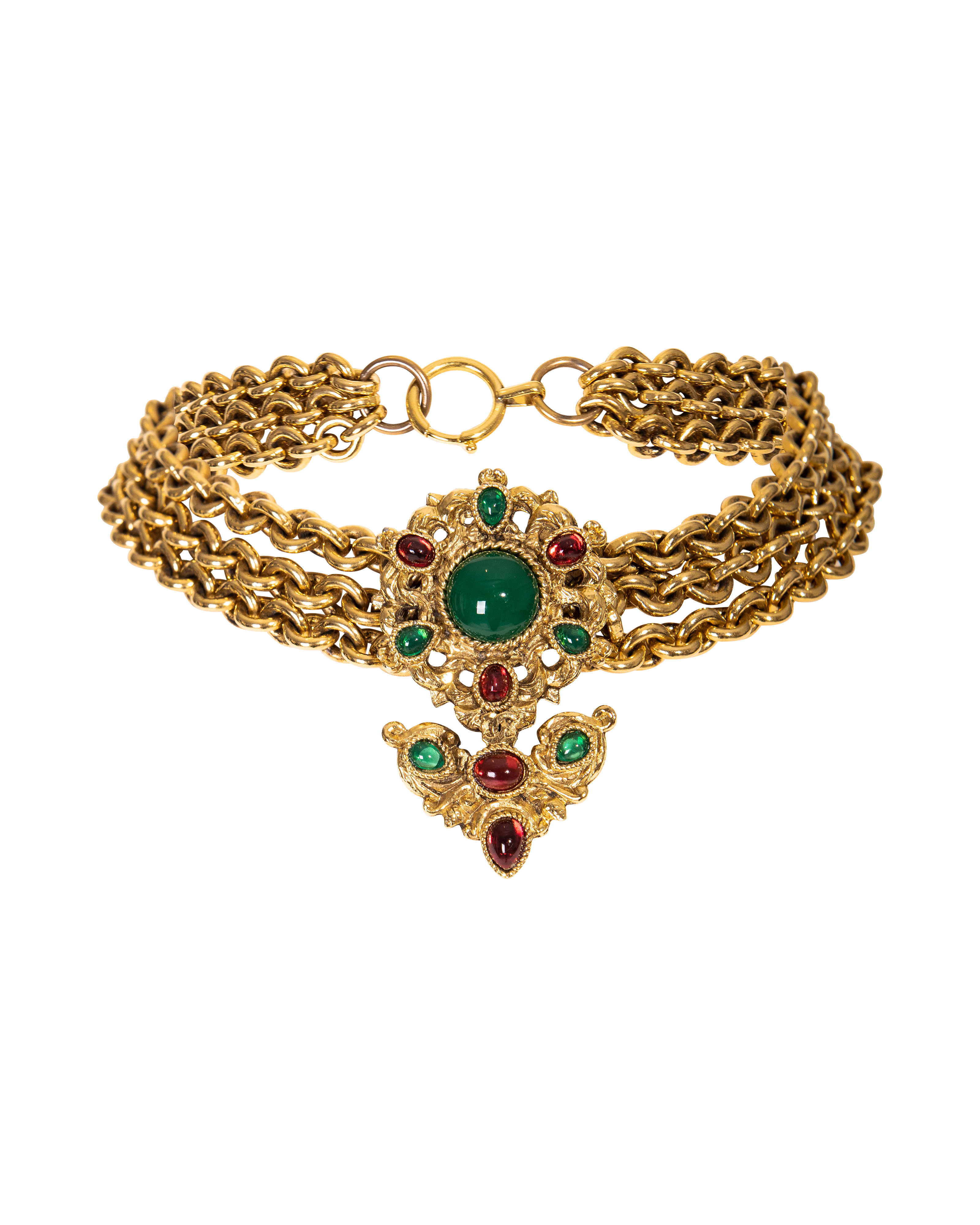 1980's Gold Choker Necklace with Red and Green Gemstones