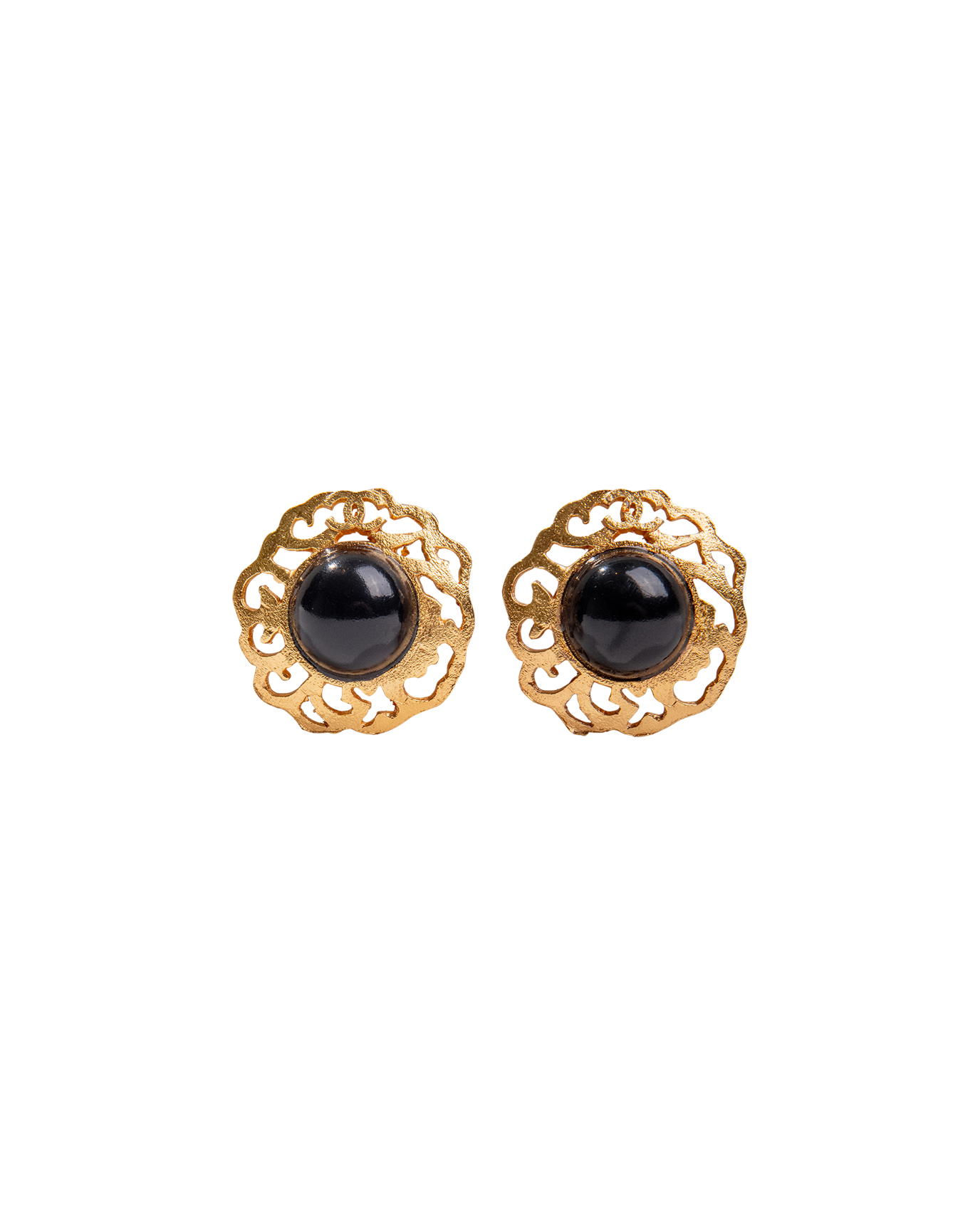 1980's Gold Filigree Clip-on Earrings with Black Gemstone Center