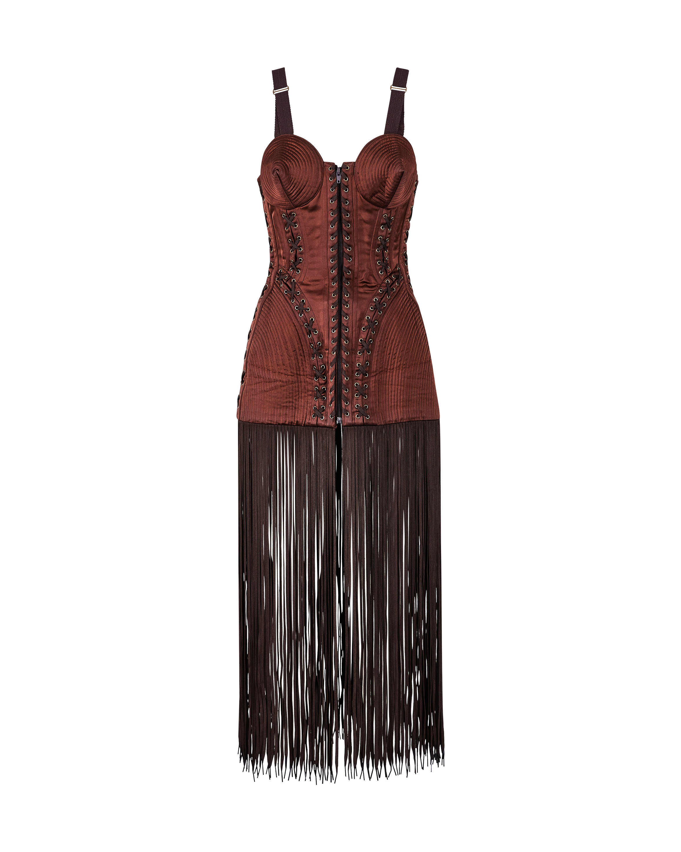 A/W 1990 Brown Cone Bra Corset Dress with Shoestring Fringe